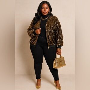 In’ Voland size 16W Sequin Bomber Jacket - Gold